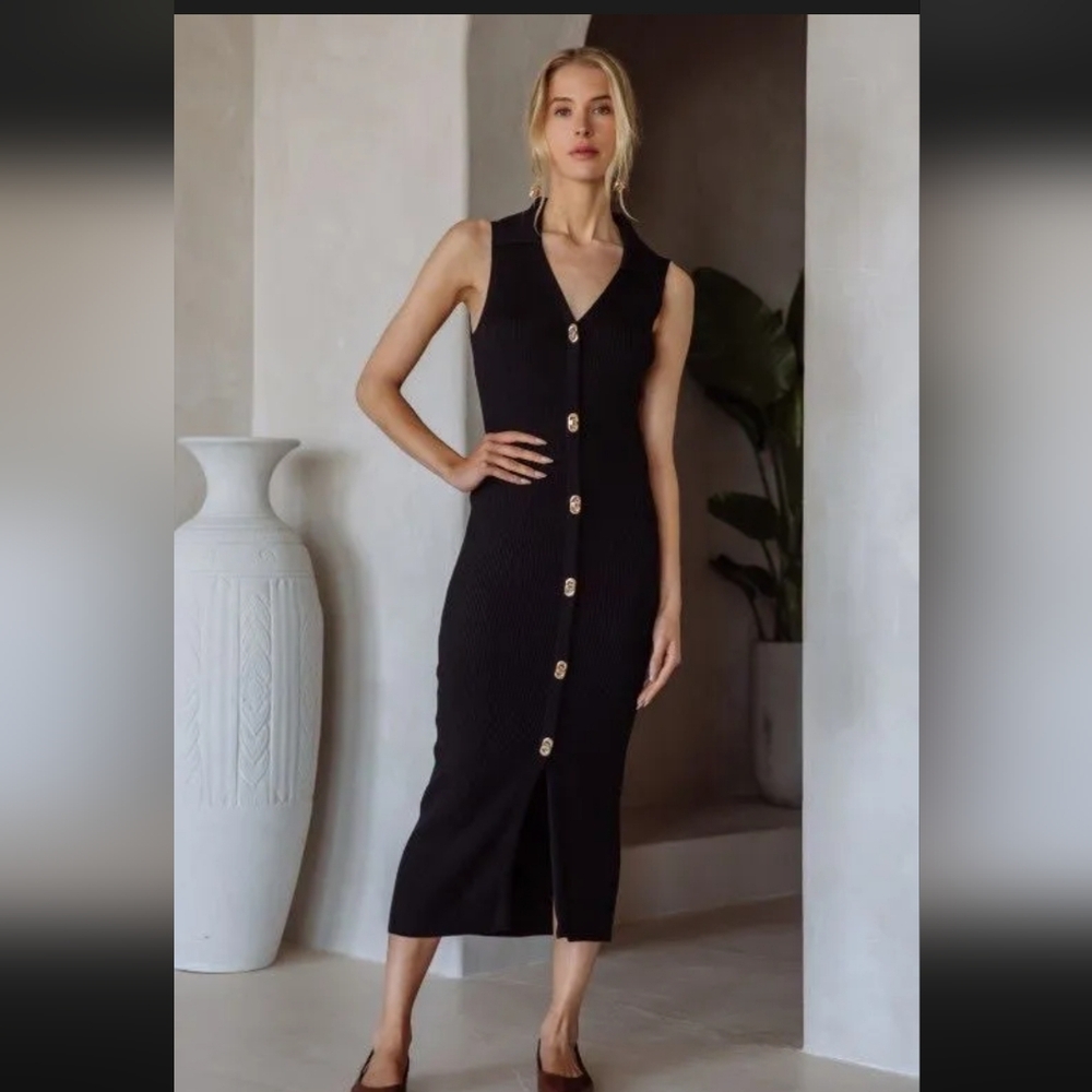 Boutique Skies Are Blue Ribbed Gold Button Midi Dress Black Small Miami O'clock